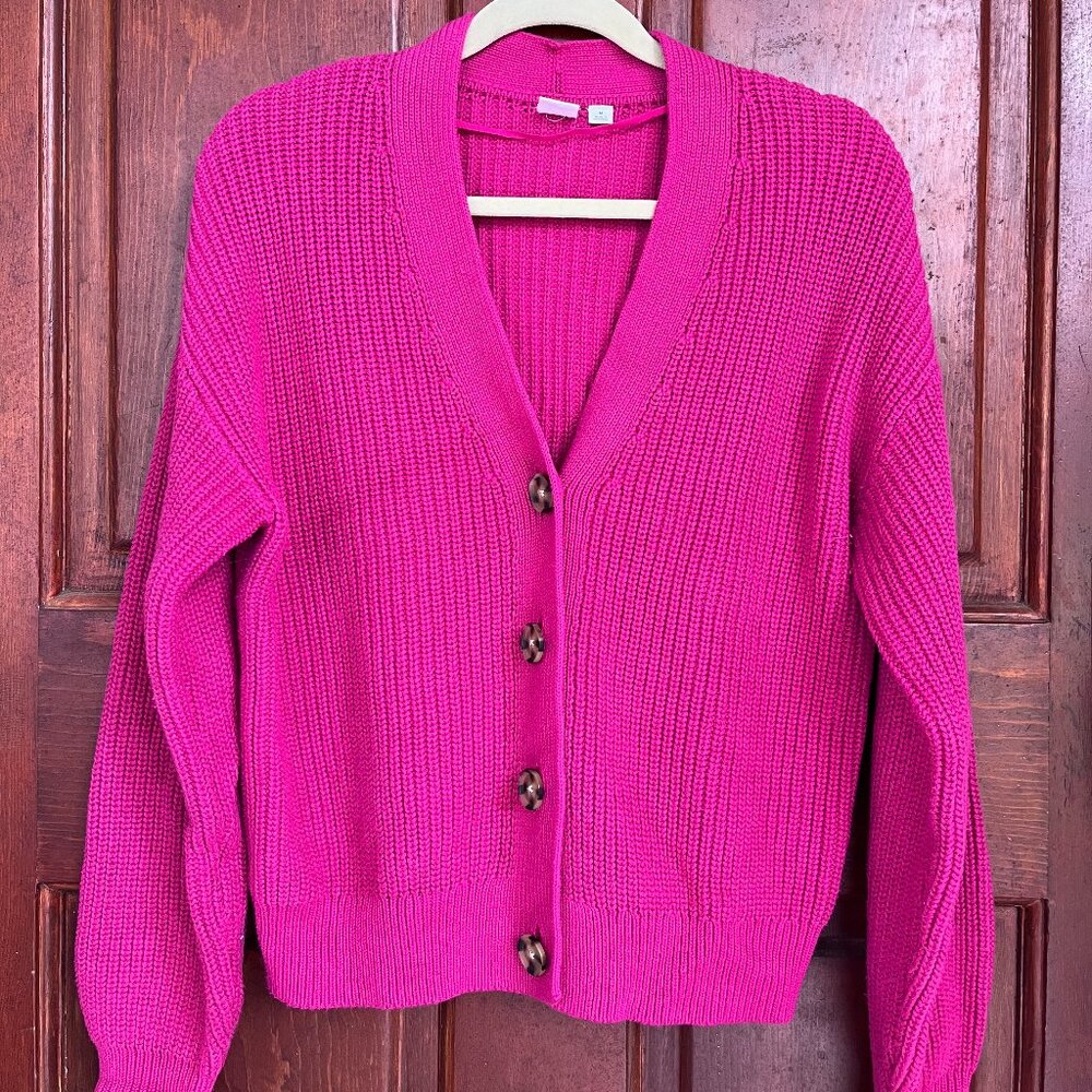 GAP shaker stitch cotton cardigan sweater, fuchsia